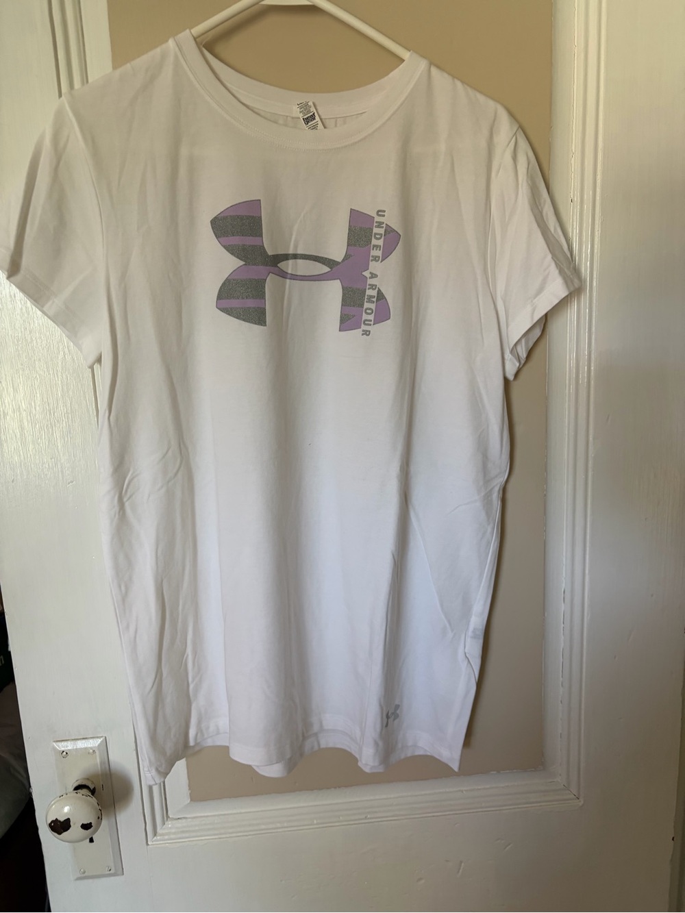 Under Armour White Tee with Purple and Gray Logo Accents